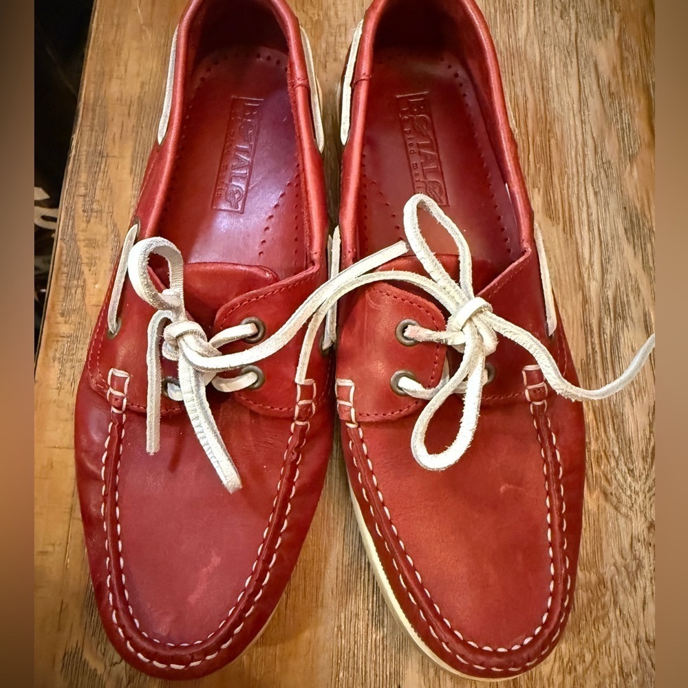 BOTALO Red White Red Leather Boat Shoes New england Summer Angler Fisherman - Picture 2 of 8